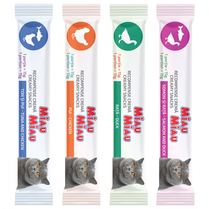 Recompense Cremoase Pisică Adult, MIAU MIAU Creamy Snacks Mix, Somon, Rață, Ton și Pui, 4x15g [2]