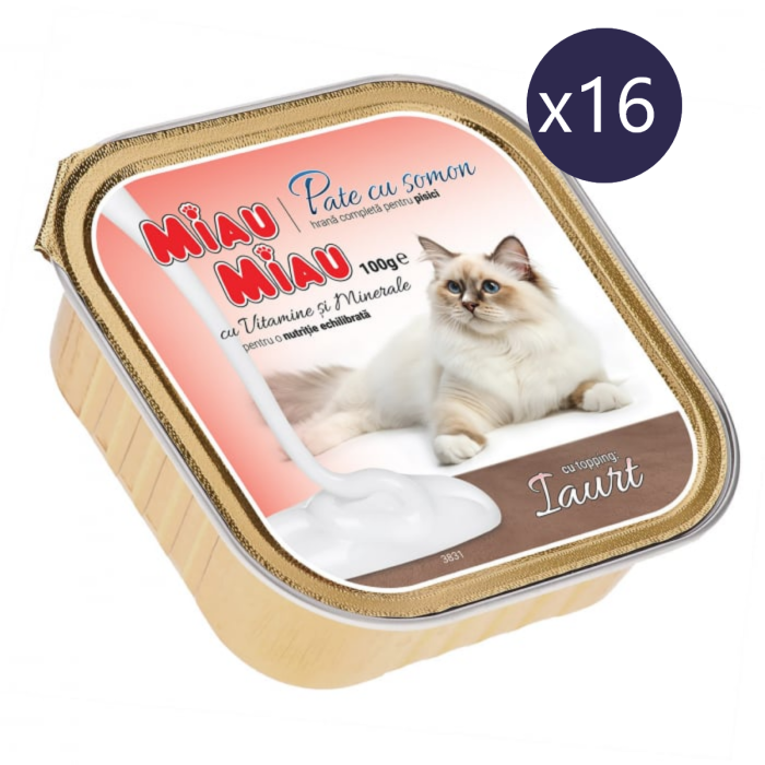 Pachet Economic Hrană Umedă Pisică Adult, MIAU MIAU Pate, Somon cu Topping de Iaurt, 16x100g [1]