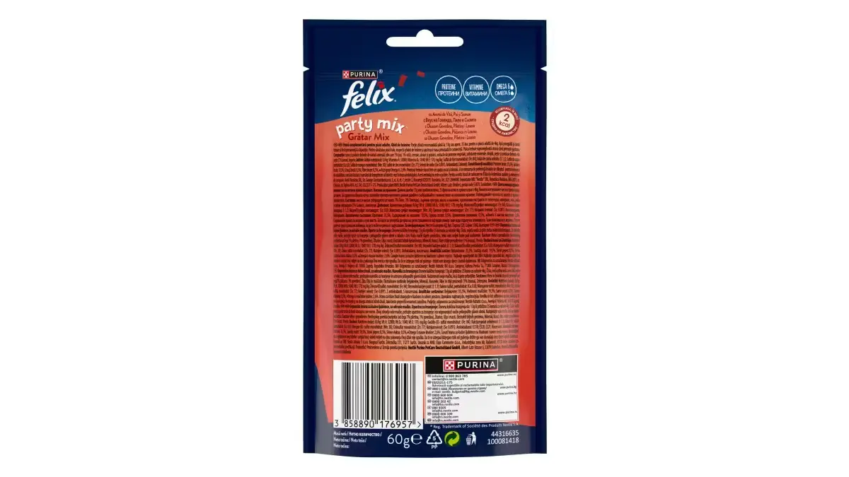 Recompense pentru Pisică Adult, FELIX Party, Mixed Grill, Vită, Pui și Somon, 60g [2]