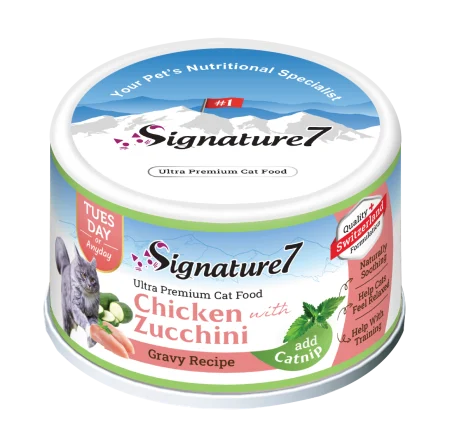 Pisici - Hrană Umedă Pisică Adult, SIGNATURE7, Pui și Zucchini în Sos cu Iarba-Mâței, 70g