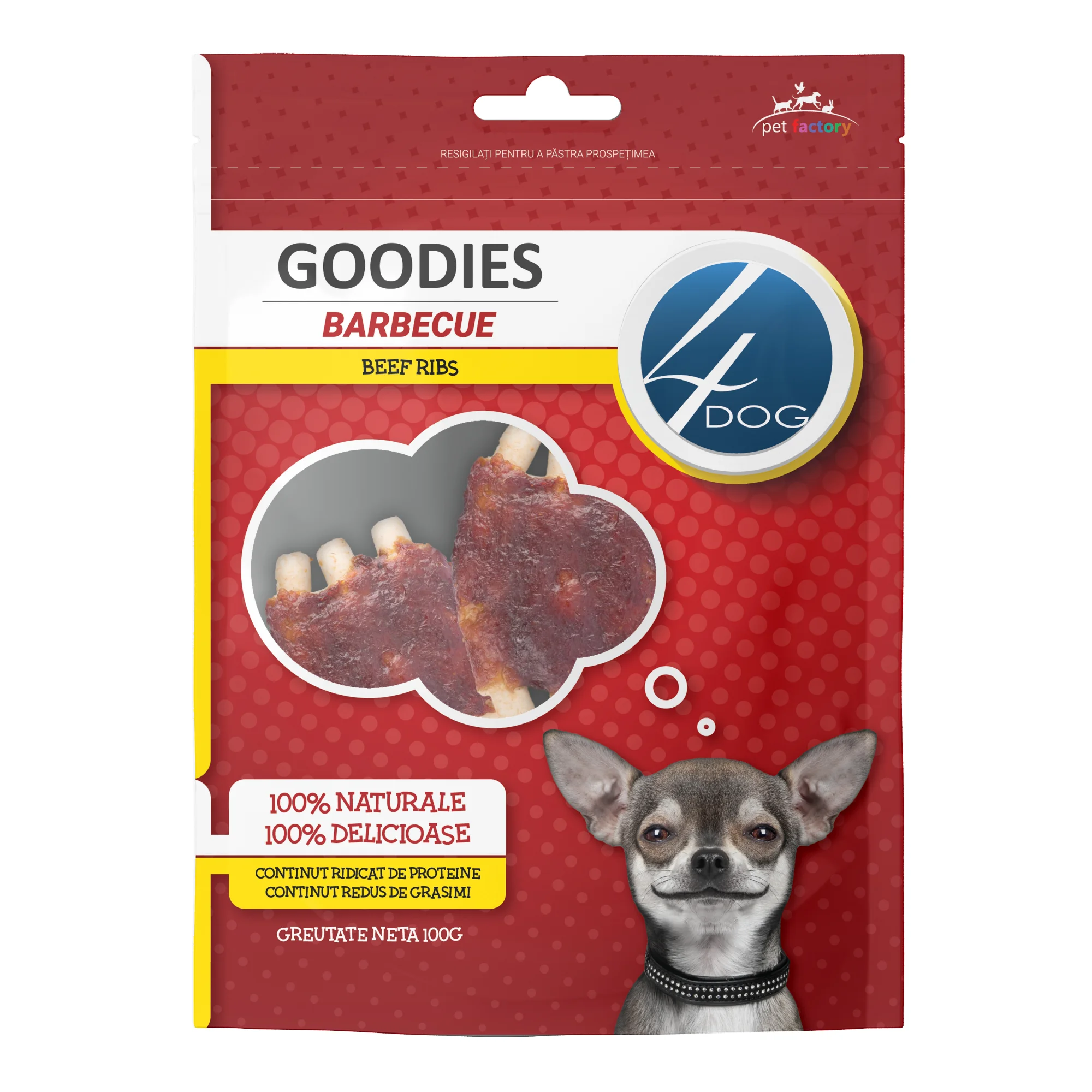 Câini - Recompense pentru Câine Adult, 4DOG GOODIES Barbecue, Coaste de Vită, 100g