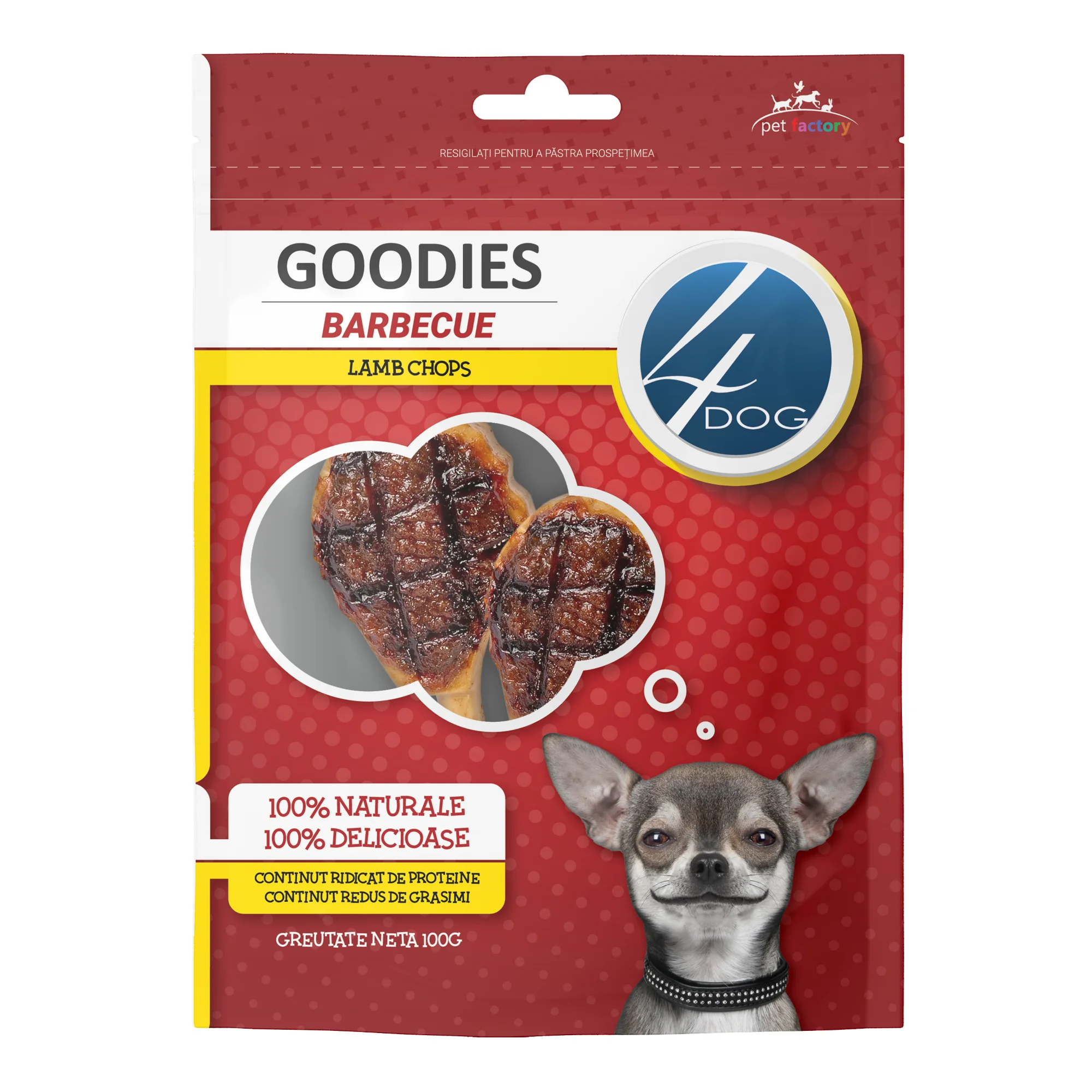 Câini - Recompense pentru Câine Adult, 4DOG GOODIES Barbecue, Cotlete de Miel, 100g