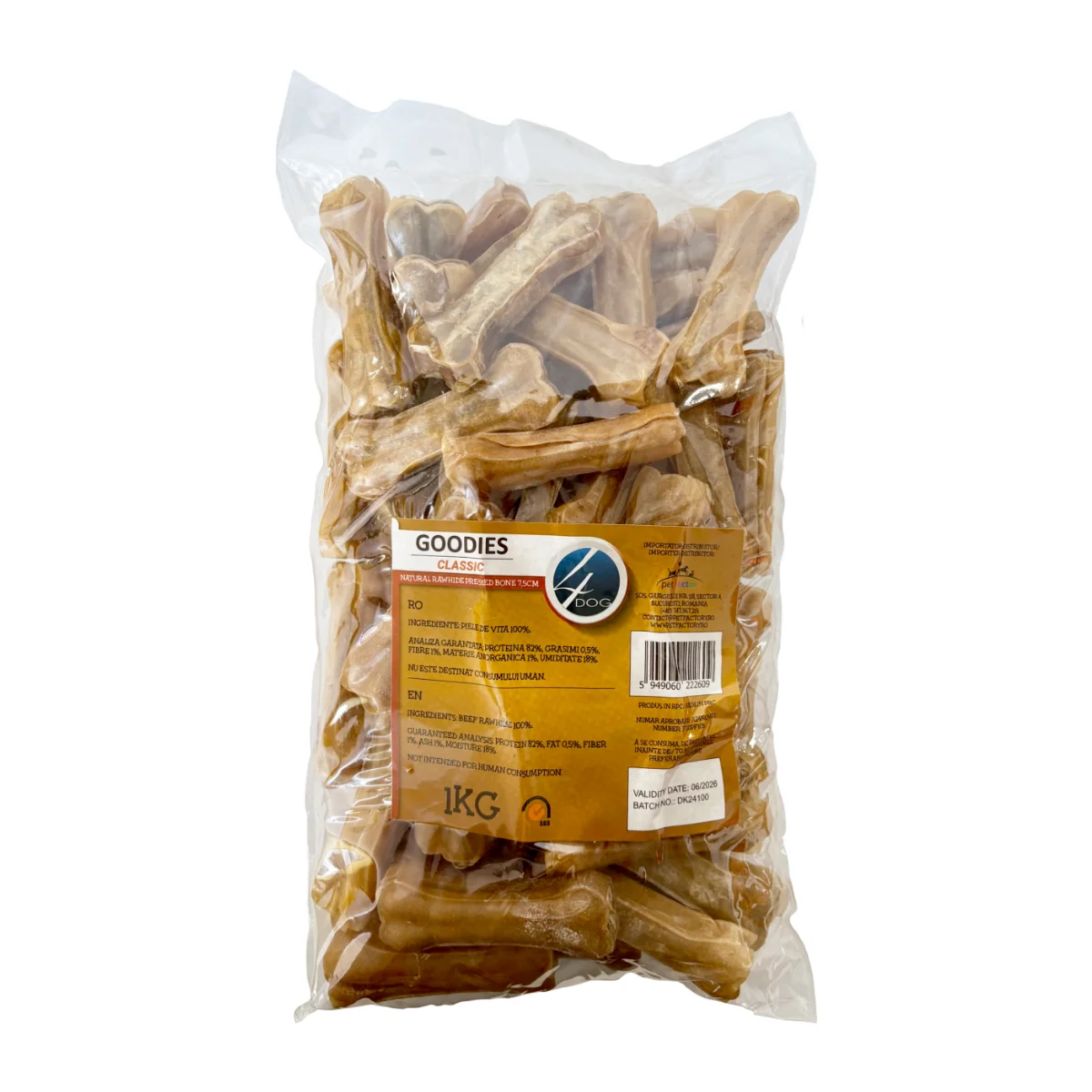 Câini - Recompense pentru Câine Adult, 4DOG, Oase din Piele Presată, 7,5cm, 1kg
