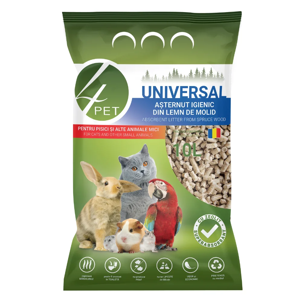 Așternut Igienic Pisici - 4PET, așternut universal din lemn, 10L