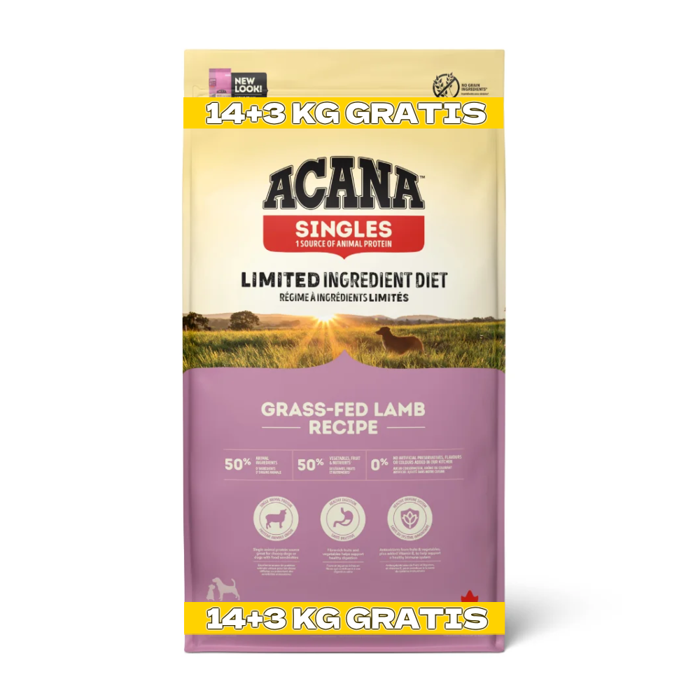 Câini - Hrană Uscată Câine Adult, ACANA Singles, Miel și Mere, 14+3kg CADOU