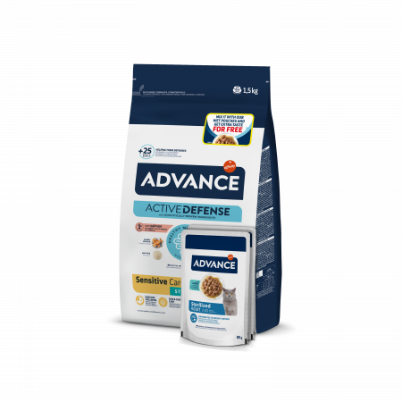 Pisică Adult - Hrană Uscată Pisică Adult, Sterilizată, ADVANCE Sensitive, Somon, 1.5kg + 2 plicuri CADOU
