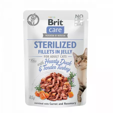 Pisici - BRIT Care Fillets, Hrană Umedă Pisică Adult Sterilizată, Rață și Curcan în Jeleu, 85g