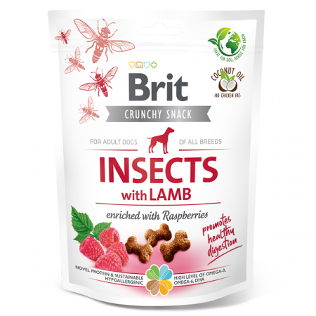 Proteice - Recompense pentru Câine Adult, BRIT CARE Crunchy Cracker, Insecte, Miel și Zmeură, 200g