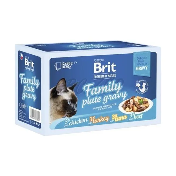 Pisici - Hrană Umedă Pisică Adult, BRIT PREMIUM Family Plate, Delicate Fillets, Sortimente în Sos, 12x85g