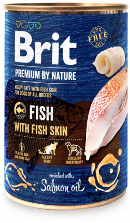 Câini - BRIT Premium by Nature, Hrană Umedă Câine Adult, Pește și Piele de Pește, 400g