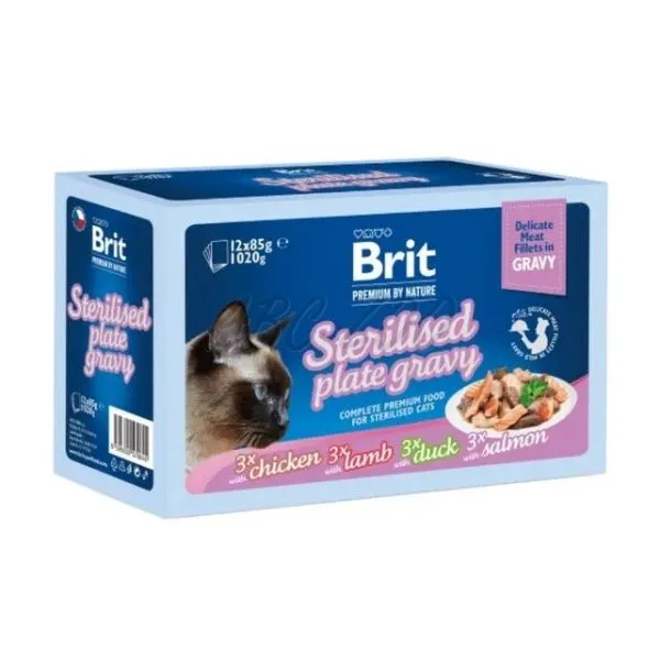 Pisică Adult - Hrană Umedă Pisică Adult, BRIT PREMIUM Family Plate, Delicate Fillets, Sterilizat, Sortimente în Sos, 12x85g