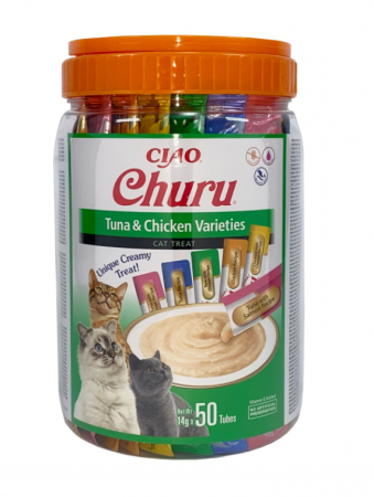 Recompense Pisici - Recompense Cremoase Pisică Adult, CHURU Varieties, Varietăți de Pui și Ton, 50 bucăți