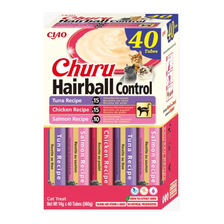 Pisici - Recompense Cremoase Pisică Adult, CHURU Varieties, Hairball Control, Somon, Pui și Ton, 40 bucăți