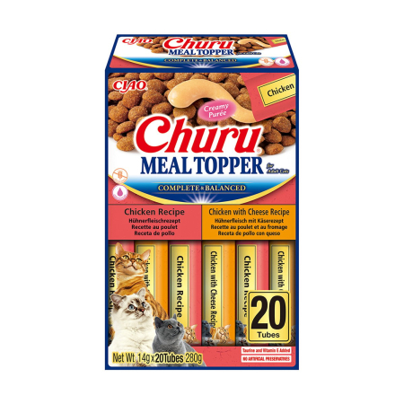 Pisici - Recompense Cremoase pentru Pisică Adult, CHURU Meal Topper, Varietăți de Pui și Brânză, 20 bucăți