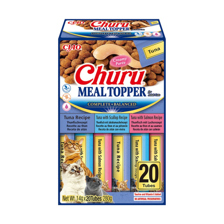 Pisici - Recompense Cremoase pentru Pisică Adult, CHURU Meal Topper, Varietăți de Ton, Scoici și Somon, 20 bucăți