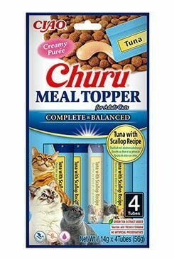 Pisici - Recompense Cremoase pentru Pisică Adult, CHURU Meal Topper, Ton și Scoici, 4x14g