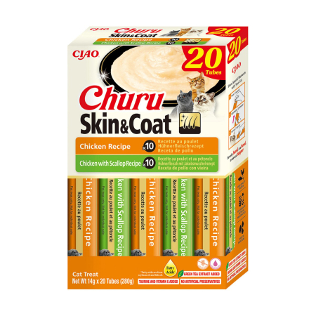 Recompense Pisici - Recompense Cremoase Pisică Adult, CHURU Varieties, Piele și Blană, Pui și Pui cu Scoici, 20 bucăți
