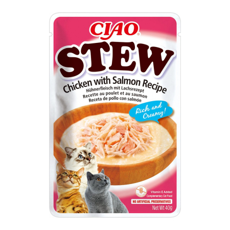 Pisici - Recompense pentru Pisică Adult, CHURU Ciao Stew, Pui și Somon, 40g