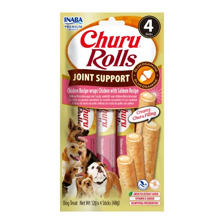 Recompense Câini - Recompense pentru Câine Adult, CHURU Rolls, Susținerea Articulațiilor, Pui și Somon, 4x12g