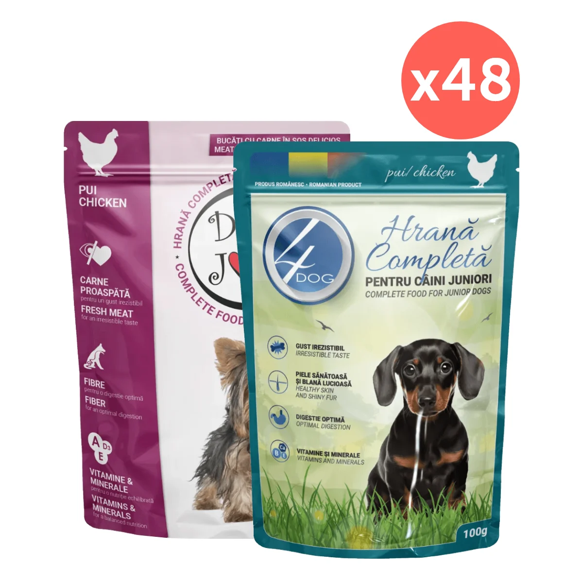 Câini - COMBOPACK Hrană Umedă Câine Junior, 4DOG și DOG JOY, Pui, 96x100g