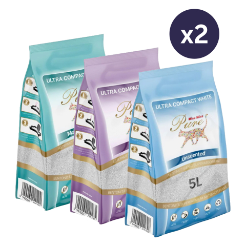 Pisici - COMBOPACK Așternut Igienic pentru Pisică, MIAU MIAU Pure Bentonită, Lavandă, Săpun Marseille și Clasic, 6x5L