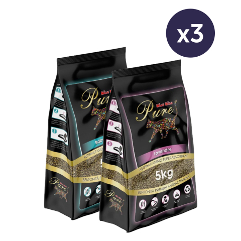 Așternut Igienic Pisici - COMBOPACK Așternut Igienic pentru Pisică, MIAU MIAU Pure Bentonită, Lavandă și Baby Powder, 6x5kg