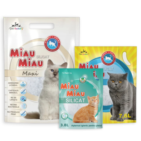 Pisici - COMBOPACK Așternut Igienic pentru Pisică, MIAU MIAU Silicat, Clasic, 3 bucăți