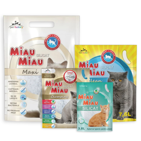 Pisici - COMBOPACK Așternut Igienic pentru Pisică, MIAU MIAU Silicat, Clasic & Clumping, 4 bucăți