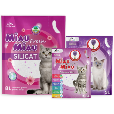 Așternut Igienic Pisici - COMBOPACK Așternut Igienic pentru Pisică, MIAU MIAU Silicat, Lavandă și Fresh, 3 bucăți