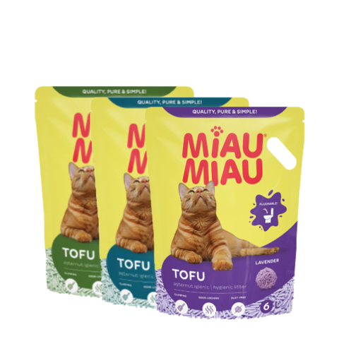 Așternut Igienic Pisici - COMBOPACK Așternut Igienic pentru Pisică, MIAU MIAU Tofu, Lavandă, Aloe Vera și Baby Powder, 3x6L