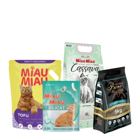 Așternut Igienic Pisici - COMBOPACK Așternut Igienic pentru Pisică, MIAU MIAU, Tofu, Silicat, Bentonită & Cassava, Diferite Arome, 4 bucăți