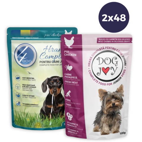 Câine Junior - COMBOPACK Hrană Umedă Câine Junior, 4DOG și DOG JOY, Pui, 96x100g