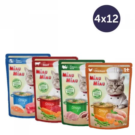 Pisică Adult - COMBOPACK Hrană Umedă Pisică Adult, MIAU MIAU, Pui, Vită și Legume, Curcan și Rață, Ton și Somon în Supă, 48x85g