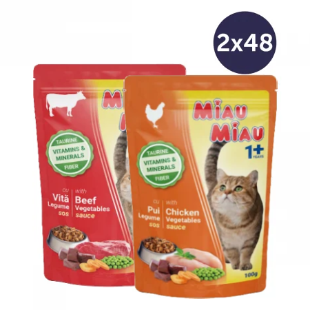 Pisică Adult - COMBOPACK Hrană Umedă Pisică Adult, MIAU MIAU, Pui, Vită și Legume în Sos, 96x100g