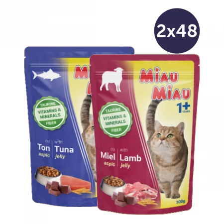 Pisică Adult - COMBOPACK Hrană Umedă Pisică Adult, MIAU MIAU, Ton și Miel în Aspic, 96x100g
