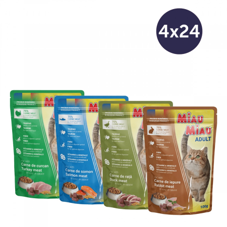 Pisici - COMBOPACK MIAU MIAU, Hrană Umedă Pisică Adult, Curcan, Somon, Rață și Iepure, 96x100g