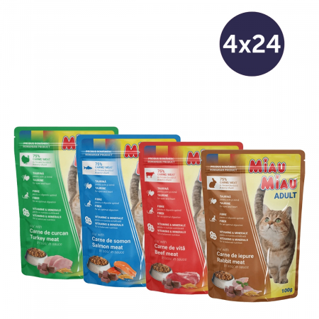 Pisici - COMBOPACK MIAU MIAU, Hrană Umedă Pisică Adult, Curcan, Somon, Vită și Iepure, 96x100g