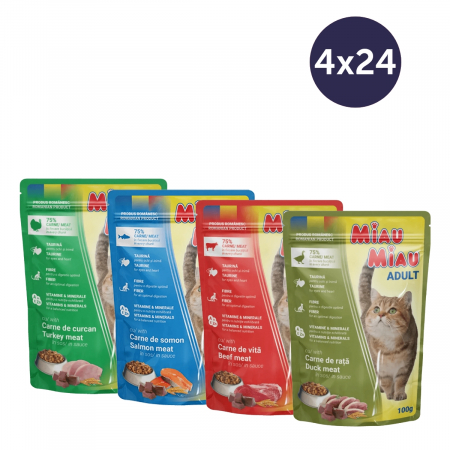 Pisici - COMBOPACK MIAU MIAU, Hrană Umedă Pisică Adult, Curcan, Somon, Vită și Rață, 96x100g