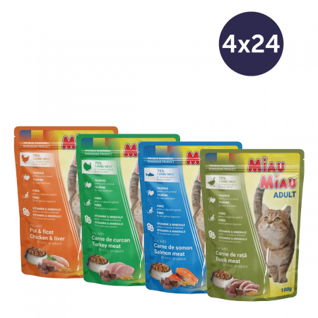 Pisici - COMBOPACK MIAU MIAU, Hrană Umedă Pisică Adult, Pui, Curcan, Somon și Rață, 96x100g