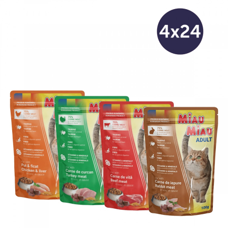 Pisici - COMBOPACK MIAU MIAU, Hrană Umedă Pisică Adult, Pui, Curcan, Vită și Iepure, 96x100g