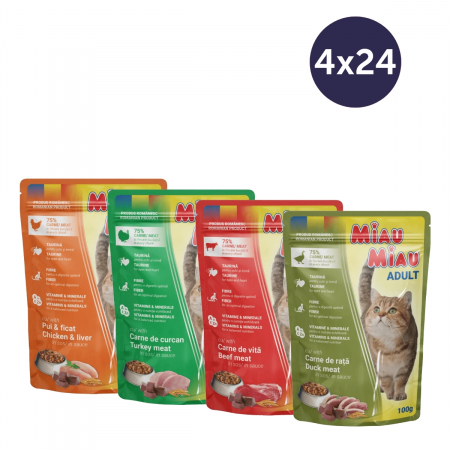 Pisici - COMBOPACK MIAU MIAU, Hrană Umedă Pisică Adult, Pui, Curcan, Vită și Rață, 96x100g