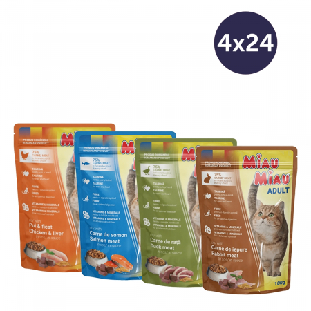 Pisici - COMBOPACK MIAU MIAU, Hrană Umedă Pisică Adult, Pui, Somon, Rață și Iepure, 96x100g
