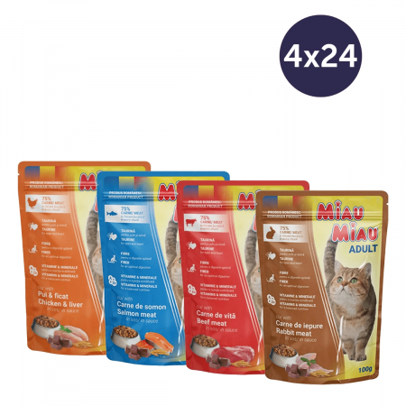 Pisici - COMBOPACK MIAU MIAU, Hrană Umedă Pisică Adult, Pui, Somon, Vită și Iepure, 96x100g