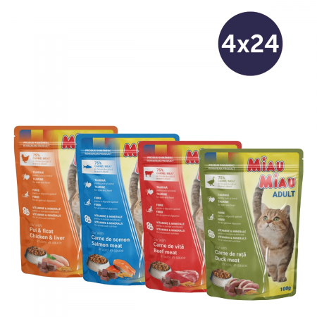 Pisici - COMBOPACK MIAU MIAU, Hrană Umedă Pisică Adult, Pui, Somon, Vită și Rață, 96x100g