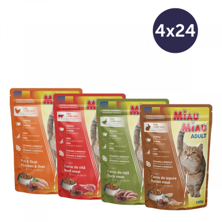 Pisici - COMBOPACK MIAU MIAU, Hrană Umedă Pisică Adult, Pui, Vită, Rață și Iepure, 96x100g