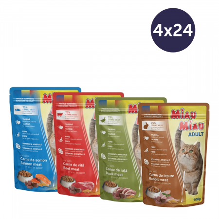 Pisici - COMBOPACK MIAU MIAU, Hrană Umedă Pisică Adult, Somon, Vită, Rață și Iepure, 96x100g