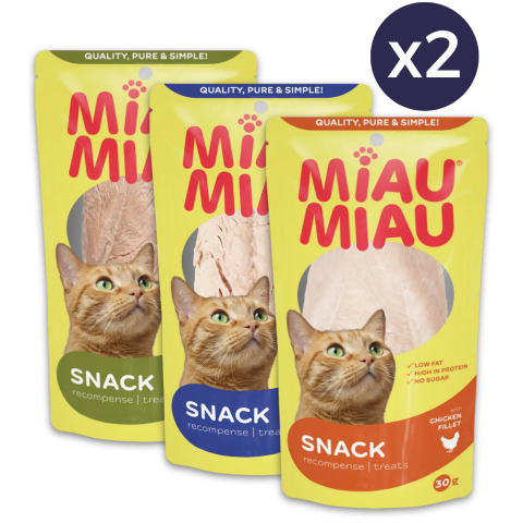 Proteice - COMBOPACK Recompense pentru Pisică Adult, MIAU MIAU, Piept de Pui, Piept de Rață și Ton Natural, 6x30g
