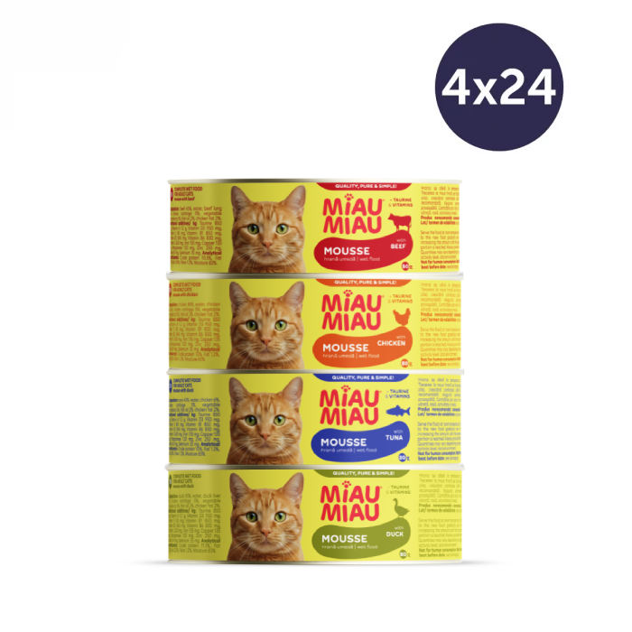 Pisică Adult - COMBOPACK Hrană Umedă Pisică Adult, MIAU MIAU Mousse, Pui, Rață, Vită și Ton, 96x80g