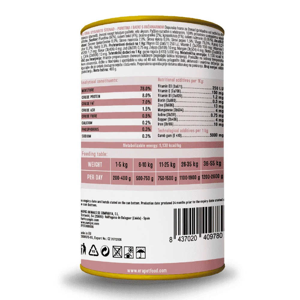 ERA Sybarite Puppy Curcan și Cartof Dulce, hrană umedă câine (pate), 400g [1]