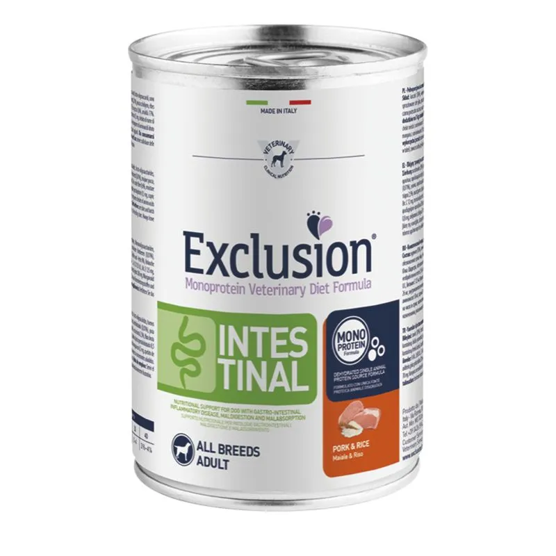 Câini - Dietă Veterinară, Hrană Umedă Câine, EXCLUSION Intestinal, Porc și Orez, 400g